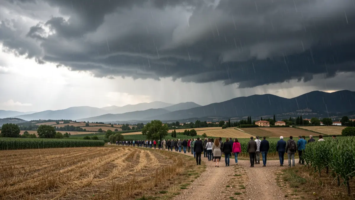 Cel amb núvols de tempesta sobre un paisatge rural català amb pluja intensa.