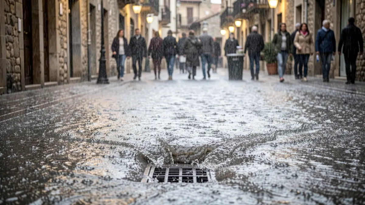 Generic image of heavy rain on a Catalan street with water accumulation.