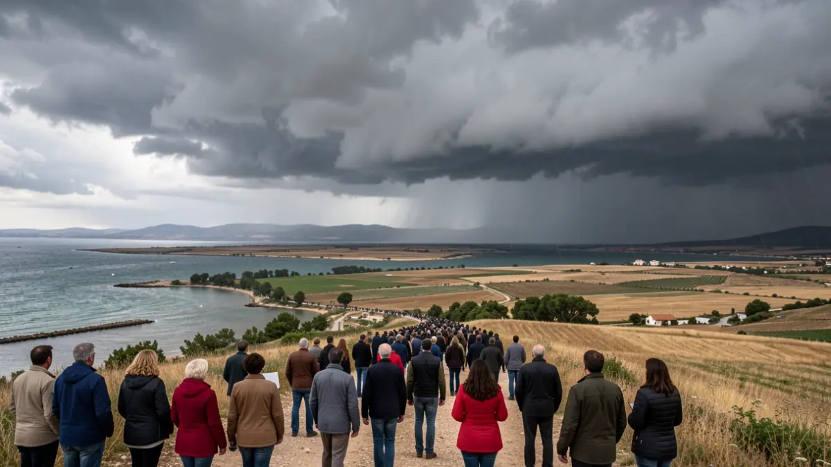 Cel tempestuós sobre el paisatge del Delta de l'Ebre amb pluja intensa.
