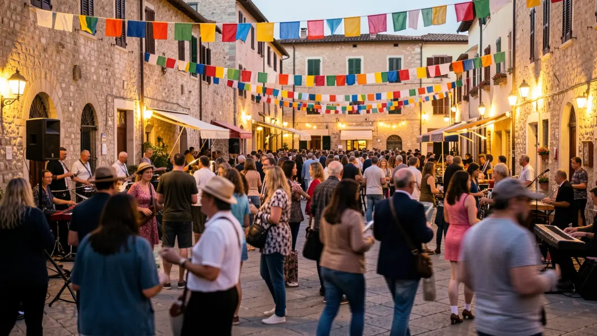 Generic image of a town festival in a Mediterranean village with a festive atmosphere.