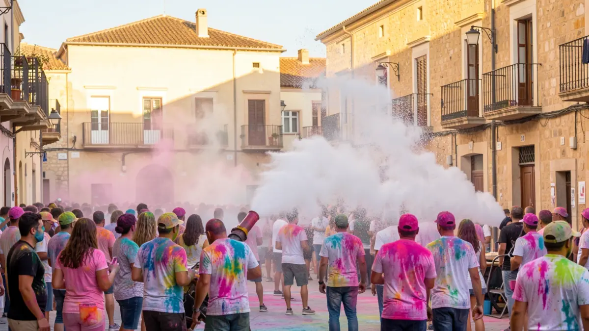 Gent celebrant la festa Holi Colors a Altafulla amb pols de colors i escuma.