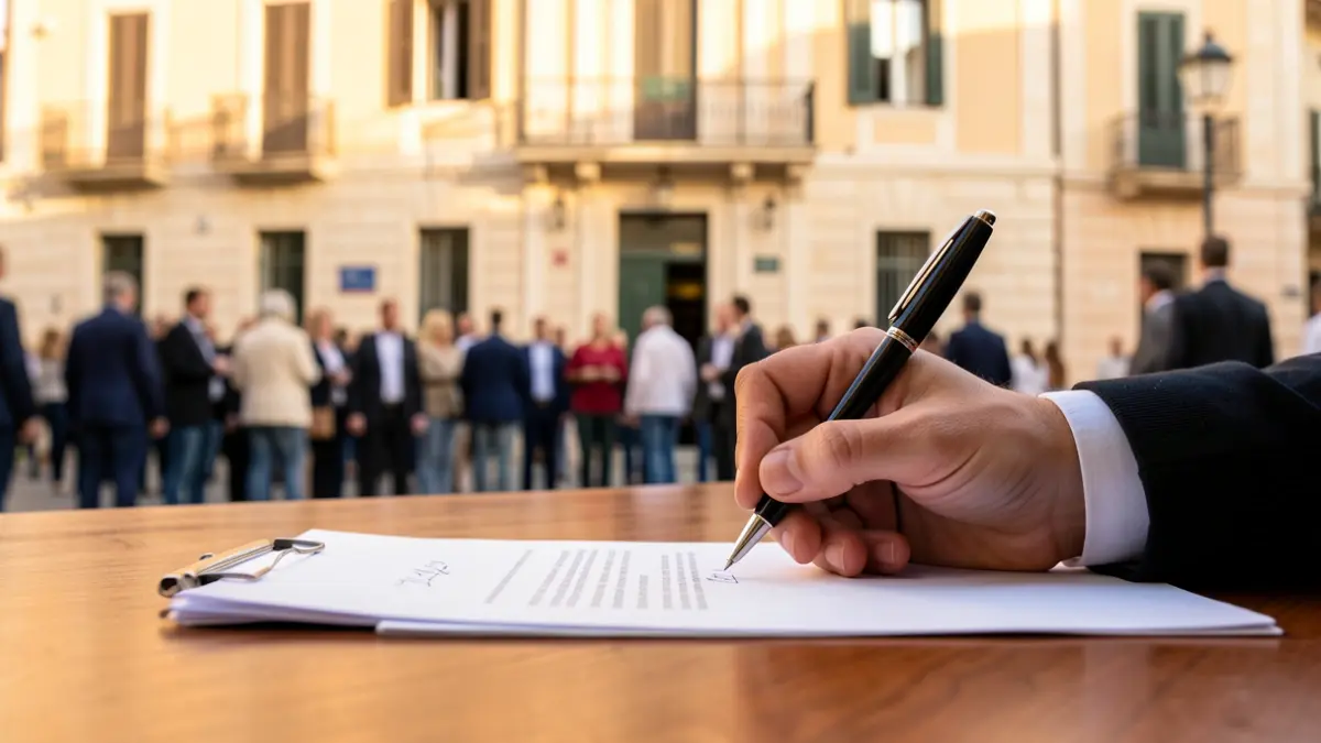 Imatge genèrica d'una mà signant un document en un escriptori.