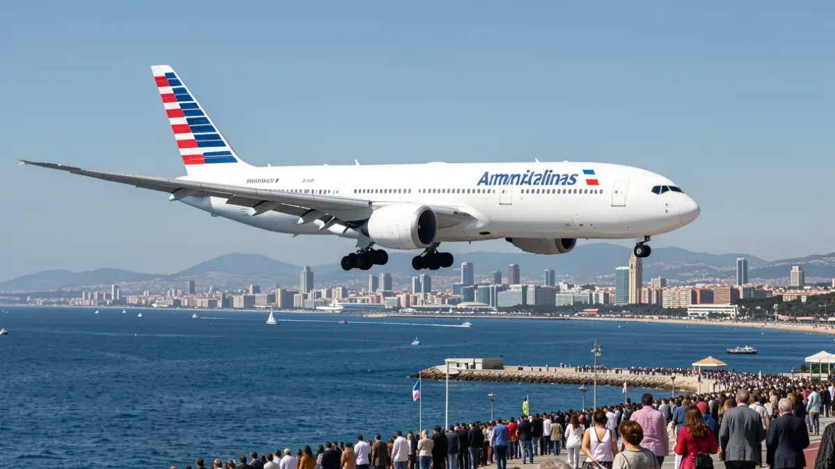 American Airlines airplanes flying over the Barcelona coast.