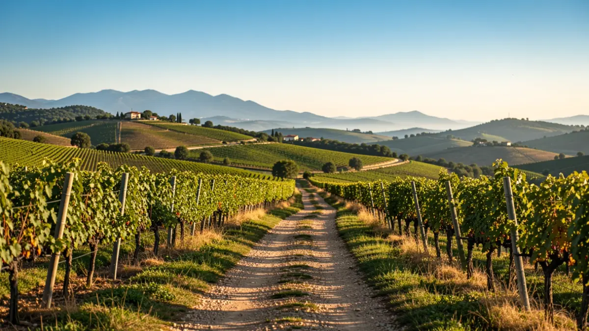 Camino de Santiago en el Penedès con viñedos y colinas.