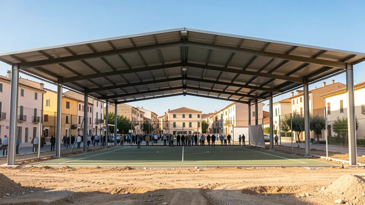 Obres d'una coberta metàl·lica sobre una pista poliesportiva exterior.