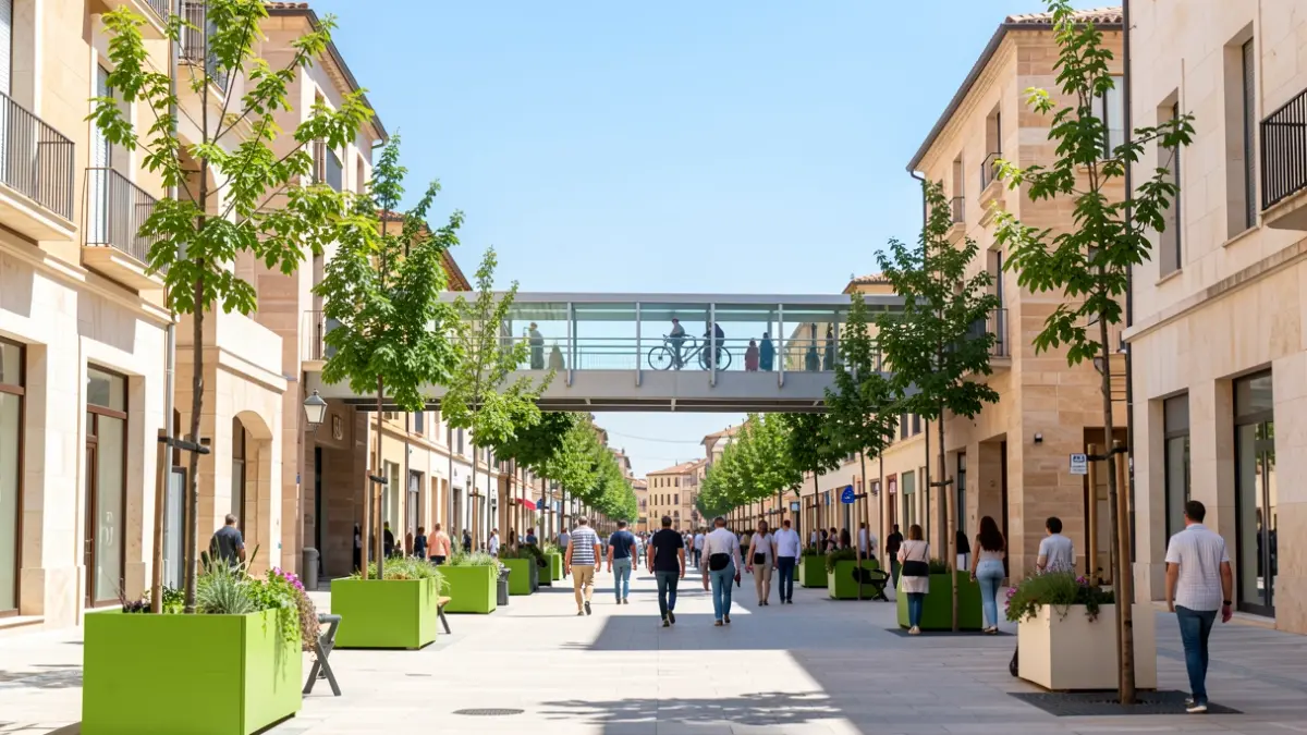 Generic image of a Mediterranean urban avenue with trees and a pedestrian bridge.