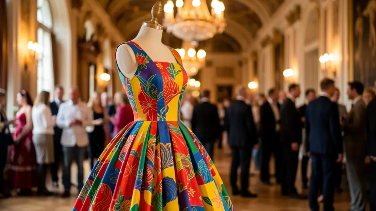 Vestido de papel colorido expuesto en un maniquí.