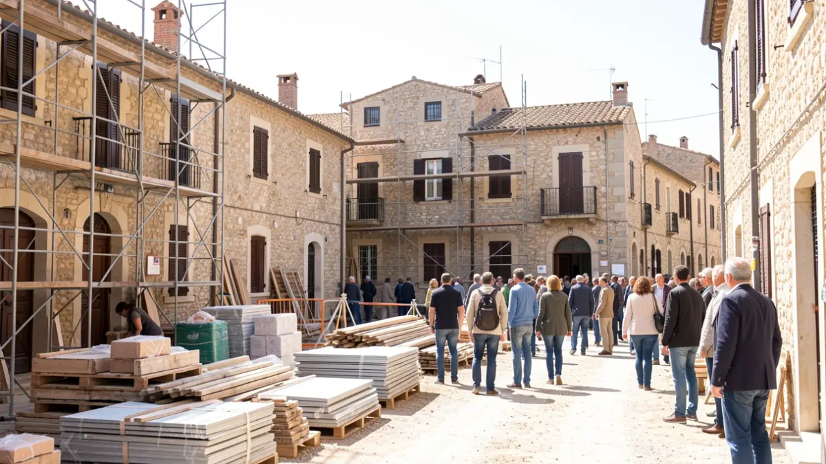 Obras de construcción tradicional en un entorno mediterráneo.