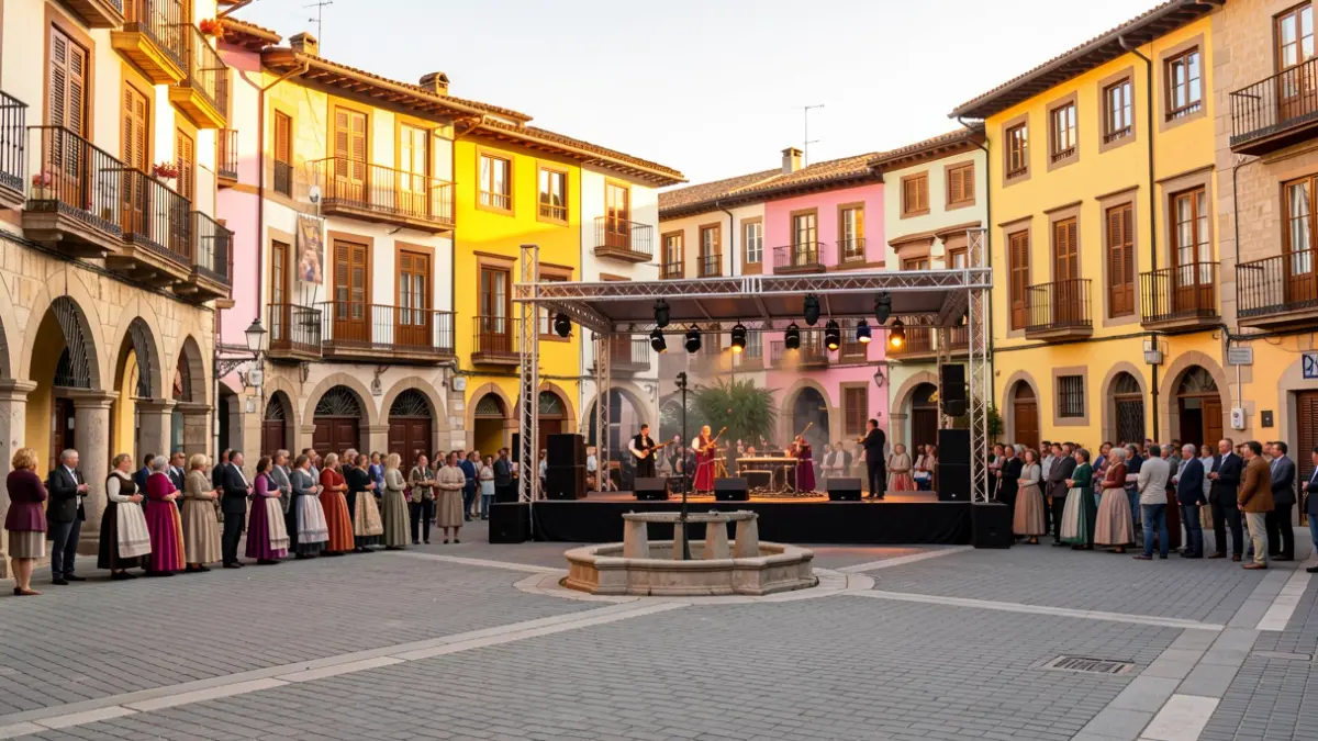 Imatge genèrica d'una plaça de poble català amb un escenari.
