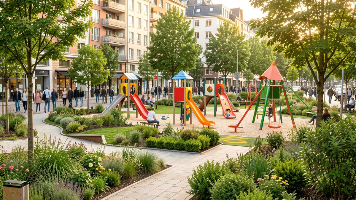 Generic image of a renovated children's playground with green areas and accessible furniture.