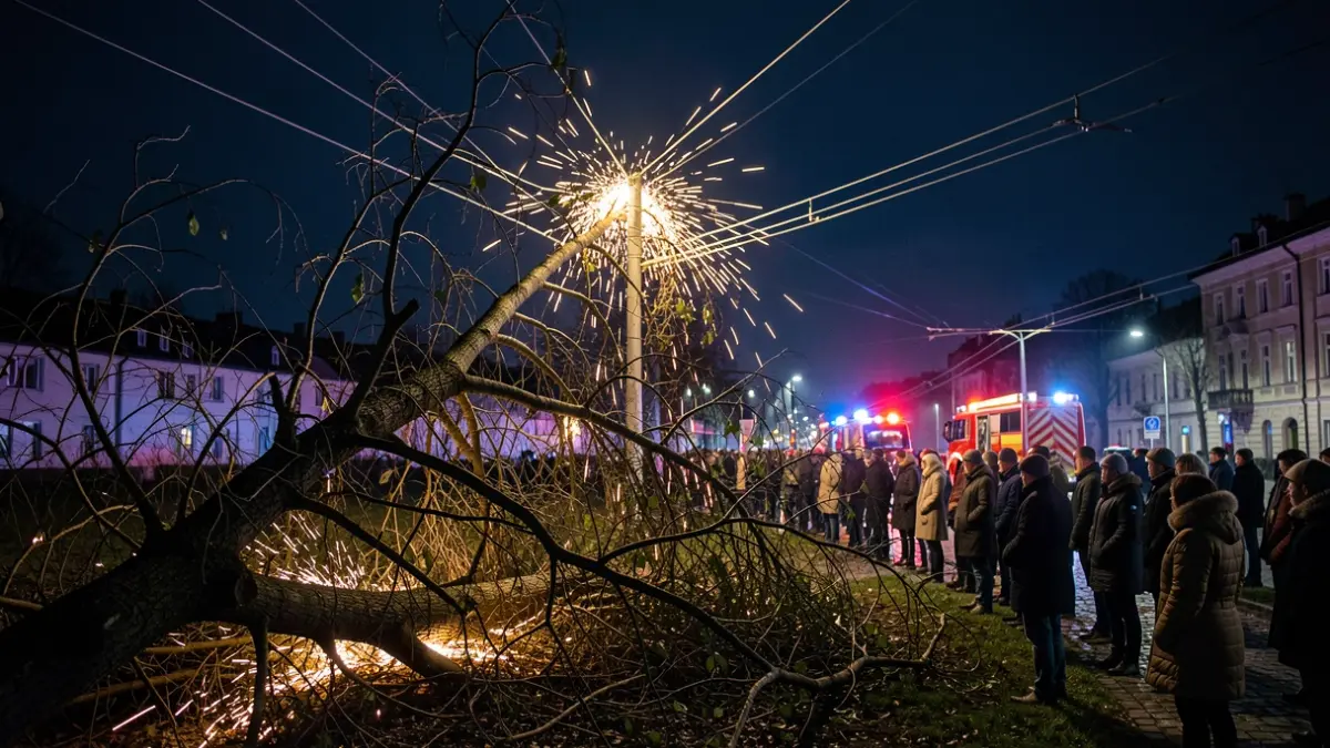 Imagen genérica de ramas de árbol caídas sobre un cableado eléctrico provocando chispas.