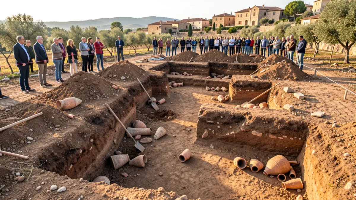 Archaeological excavation in Alcanar with Phoenician pottery fragments.