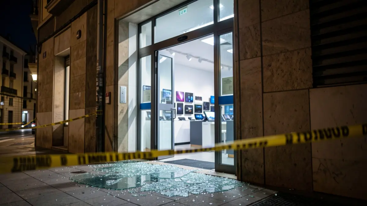 Entrada d'una botiga d'electrònica de nit amb vidres trencats i cinta policial.