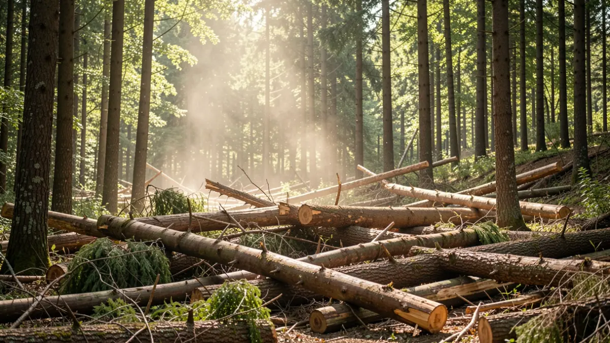 Generic image of a forest with stacked wood for extraction.