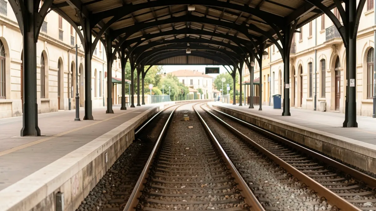 Andana de tren buida amb vies que es perden a la distància sota una marquesina, llum diürna suau.