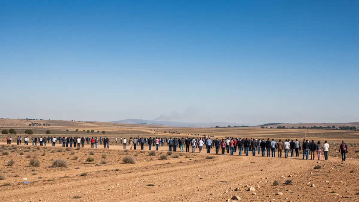 Clear skies over a dry landscape with a slight haze in the distance.