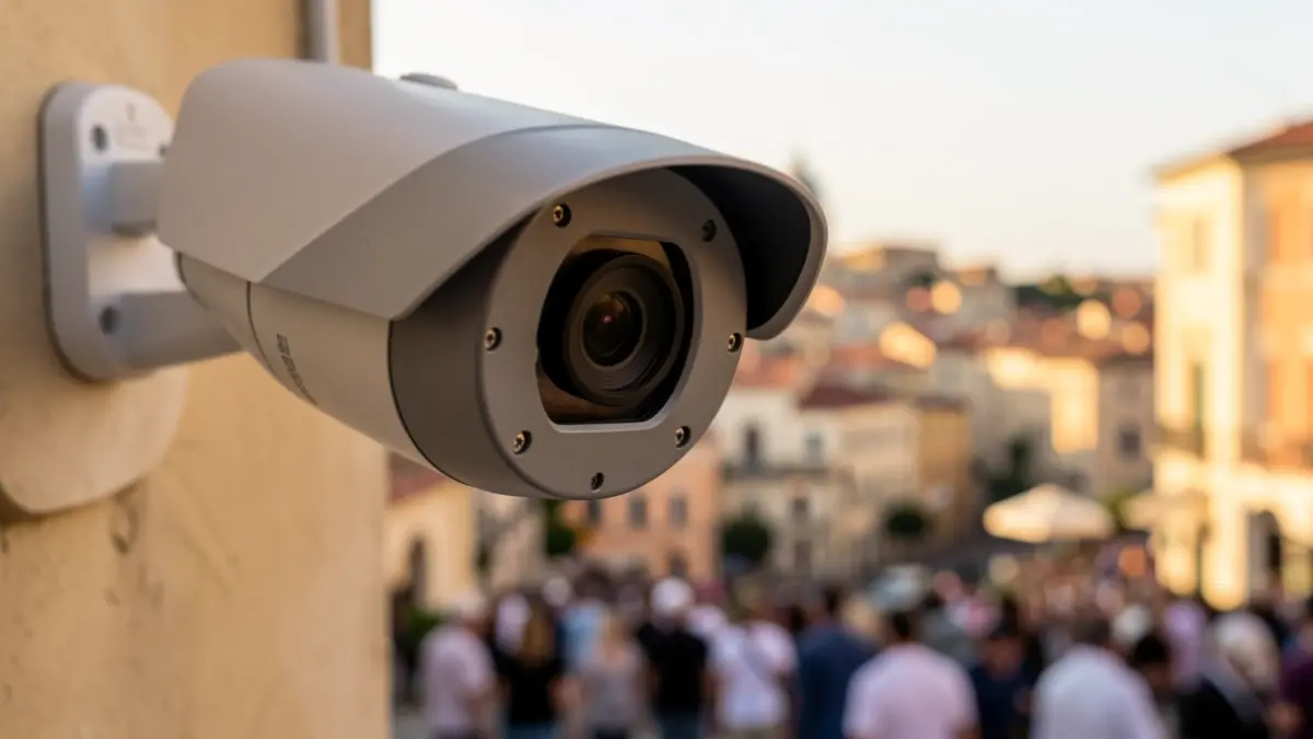 Càmera de videovigilància amb la ciutat de Badalona al fons.