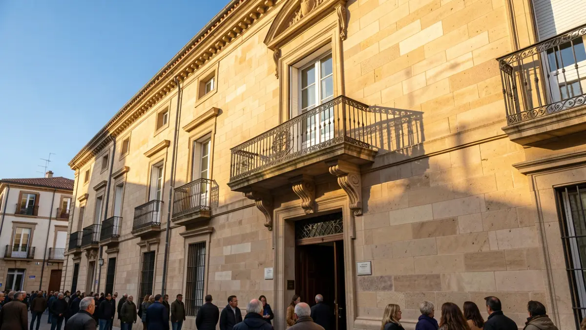 Imagen genérica de la fachada de un ayuntamiento catalán con balcón y barandillas de hierro, luz de tarde cálida y cielo azul.