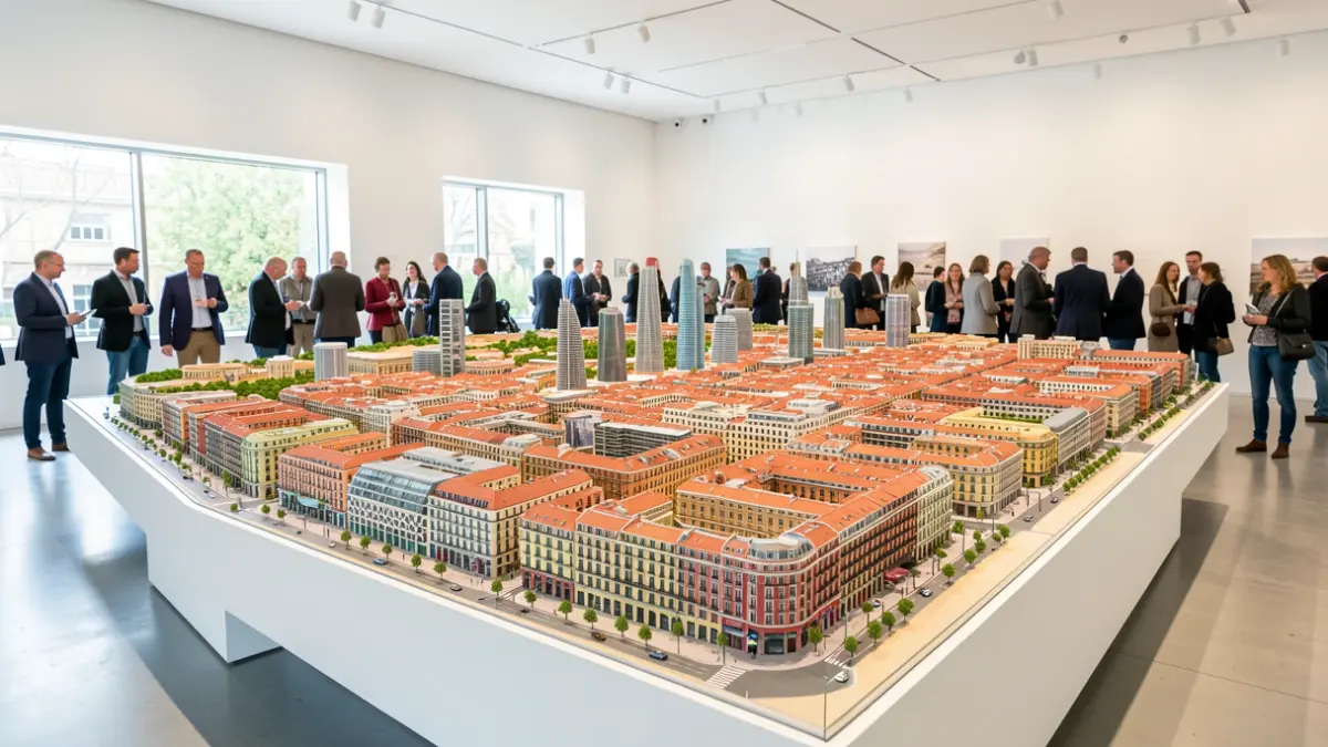 Maqueta de la ciutat de Barcelona exposada en una sala d'exposicions.