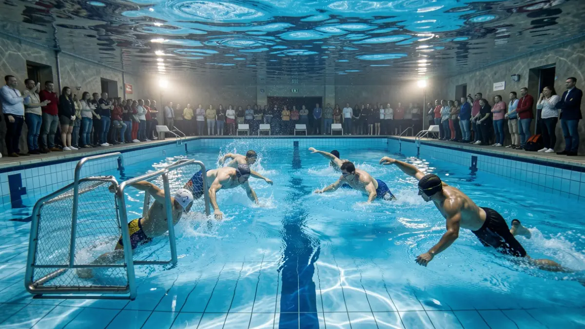 Underwater rugby players competing in a swimming pool.