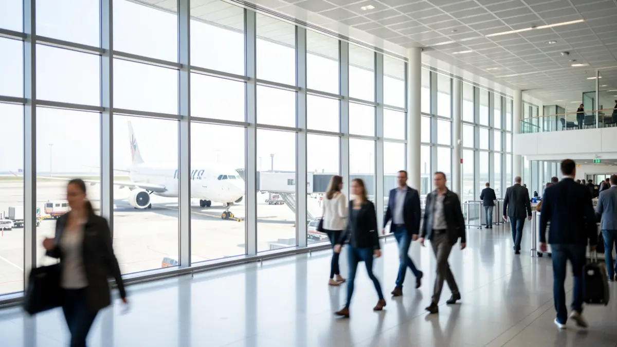 Imatge genèrica d'un interior d'aeroport amb avions a la pista.