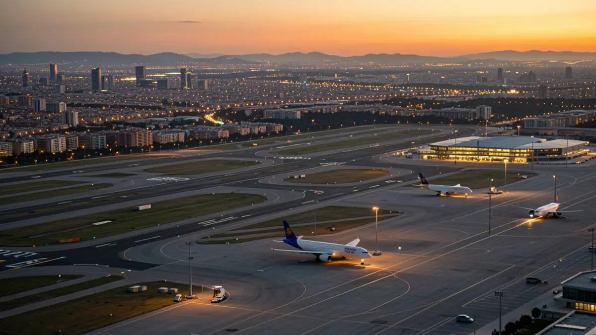 Vista aérea del Aeropuerto de Barcelona al atardecer.