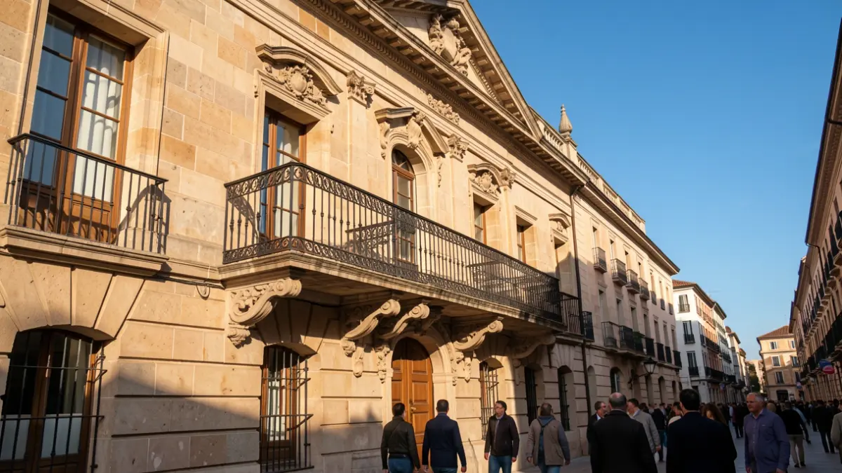 Generic image of a Catalunya town hall facade with balcony and iron railings, afternoon light.