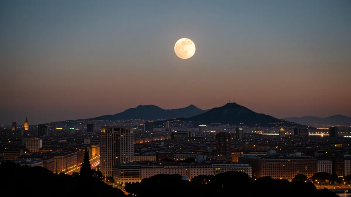 Generic image of Barcelona with a partial solar eclipse in the sky.