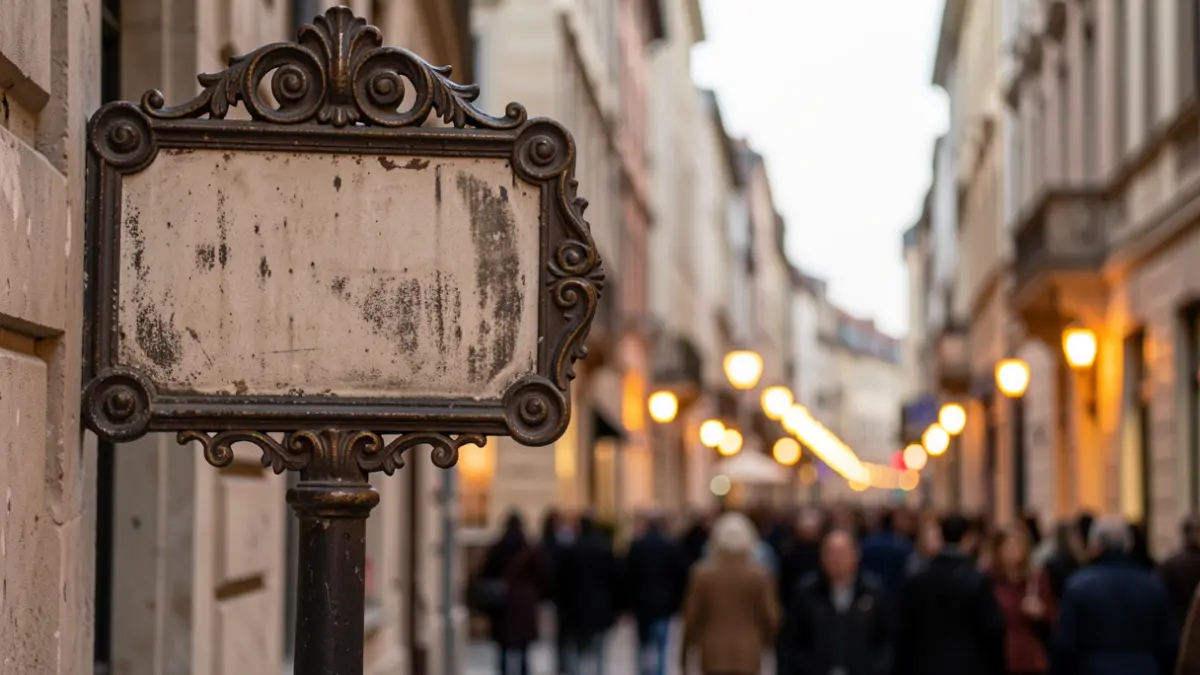 Imatge genèrica d'un senyal de carrer antic amb llums de ciutat desenfocades.