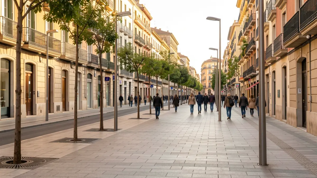 Vista d'un carrer reformat a Barcelona amb voreres amples i arbres nous.