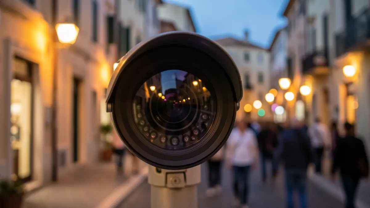 Càmera de videovigilància amb el fons difuminat d'un carrer de Barcelona al capvespre.