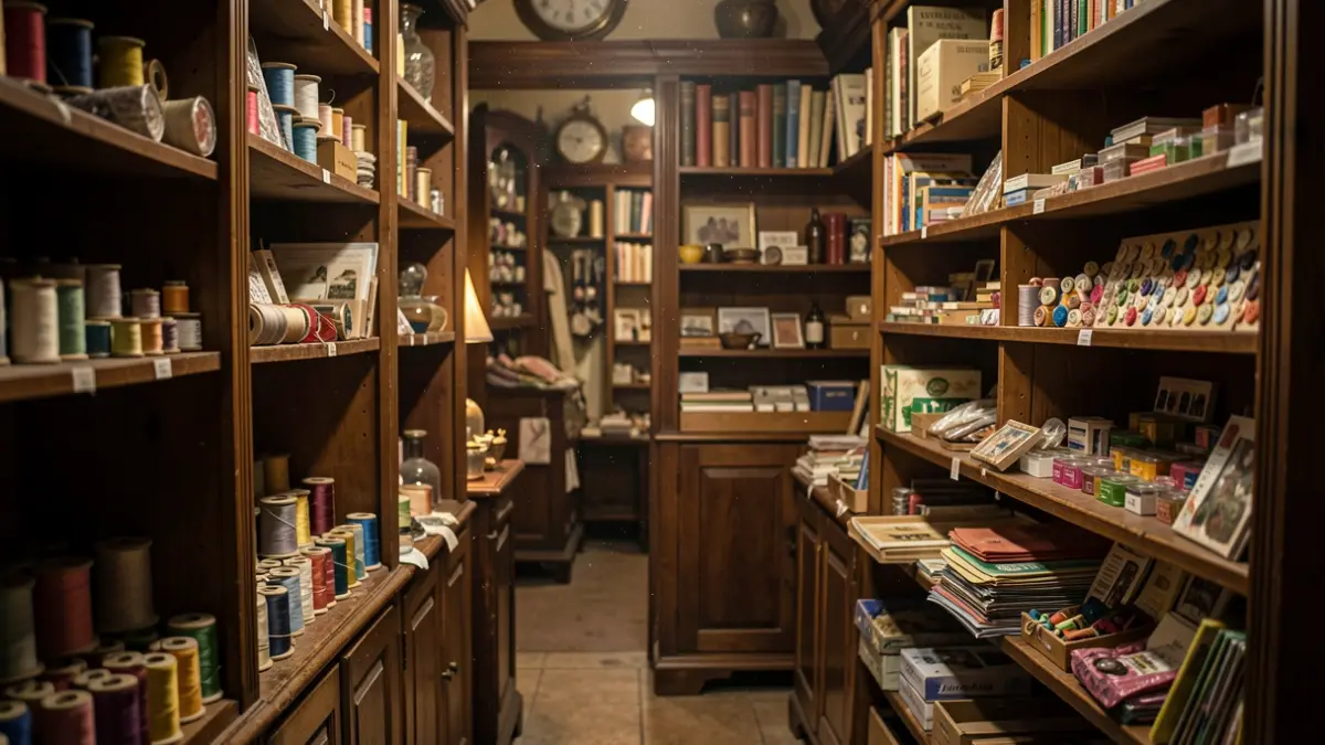 Interior d'una merceria antiga a Barcelona amb prestatgeries plenes de productes.