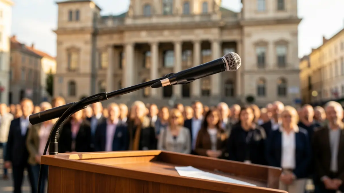 Generic image of a microphone on a podium in front of a city hall facade.