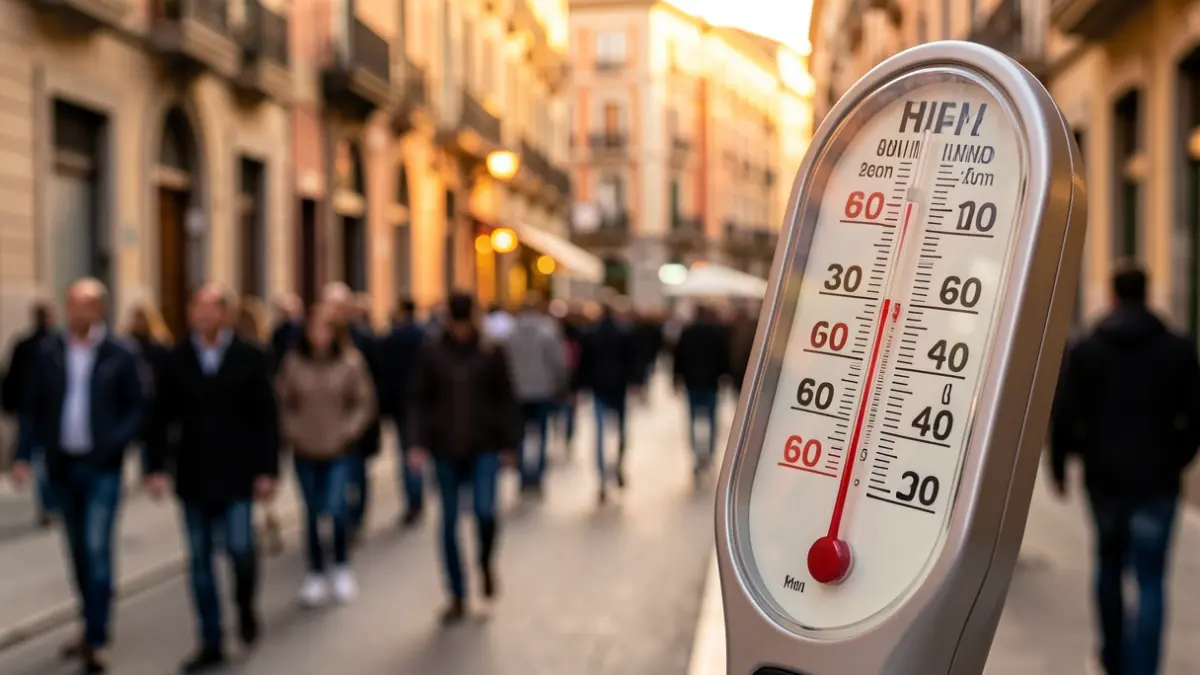 Termòmetre marcant alta temperatura amb un carrer de Barcelona al fons.