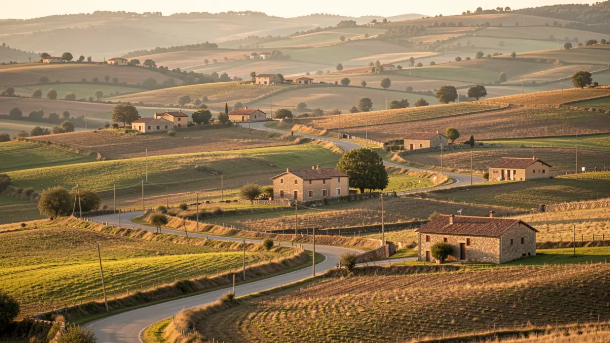 Rural Catalan landscape with scattered farmhouses and winding roads.