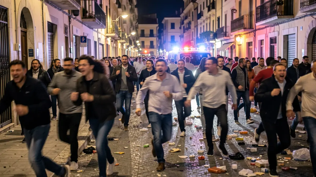 Generic image of a street brawl with emergency lights.