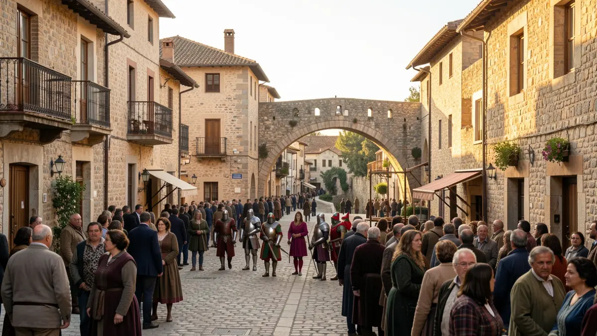 Generic image of the medieval town of Besalú with knights and jesters.