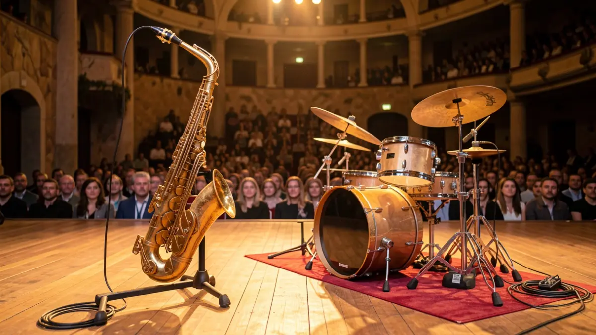 Escena d'un escenari de teatre amb instruments musicals i il·luminació càlida.