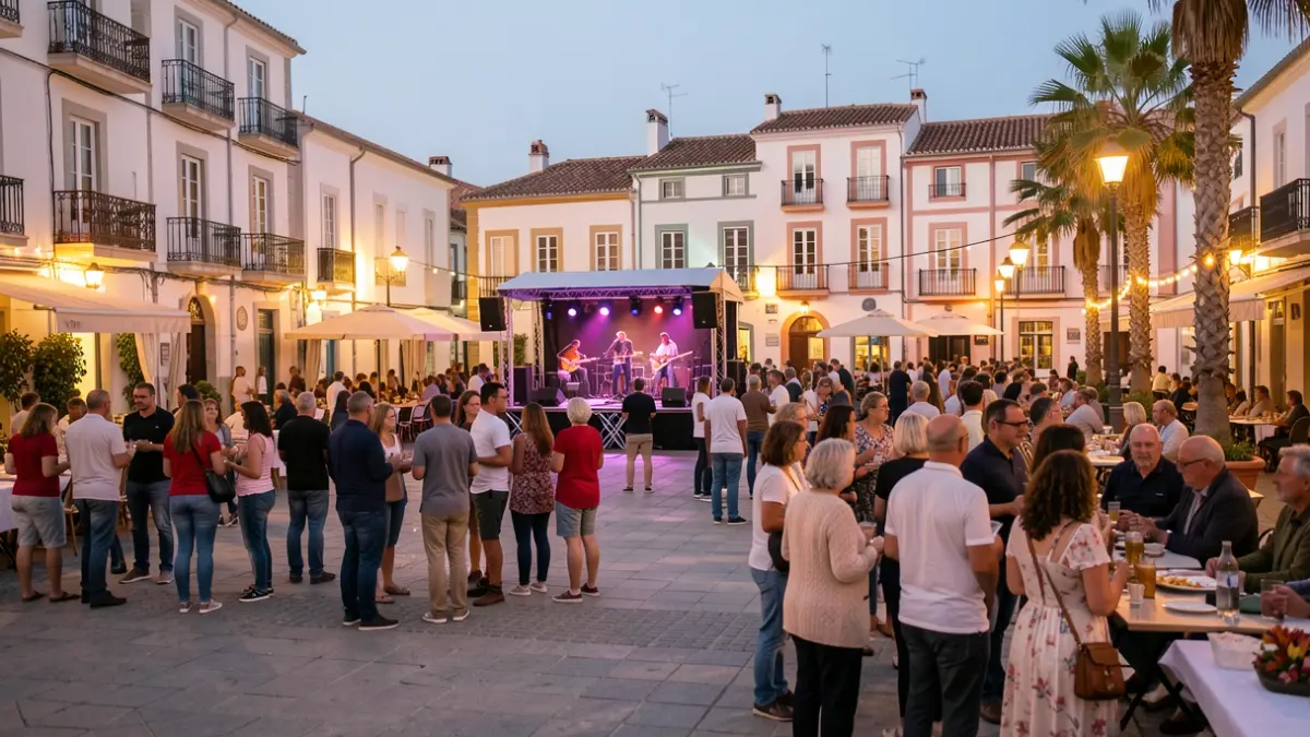 Imagen genérica de una plaza de pueblo catalán con gente y un escenario.