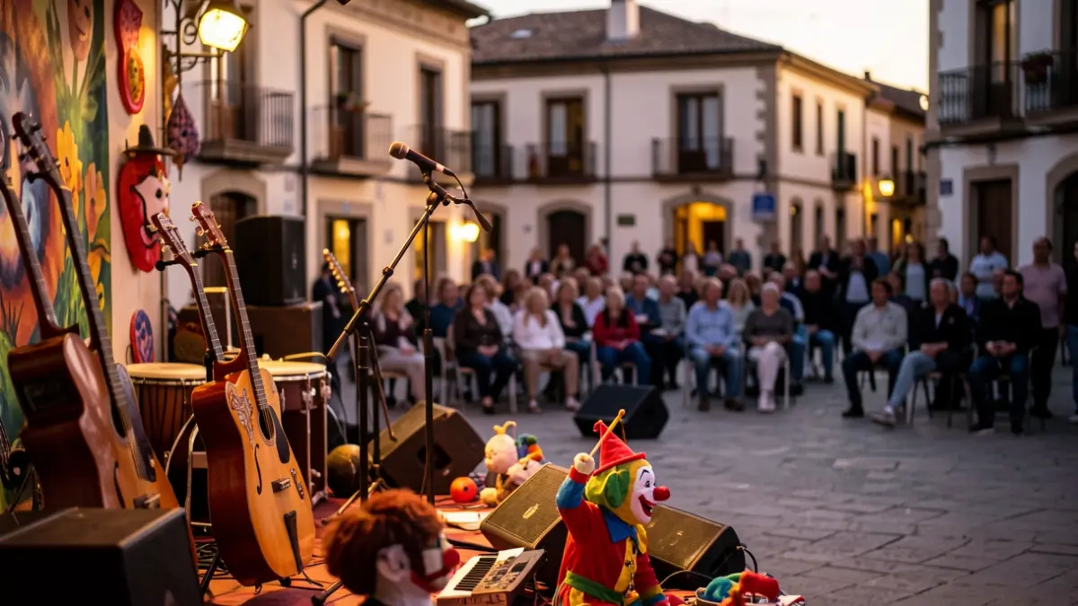 Escena d'un festival de talent amb instruments musicals, pallassos i un micròfon en una plaça de poble mediterrani.