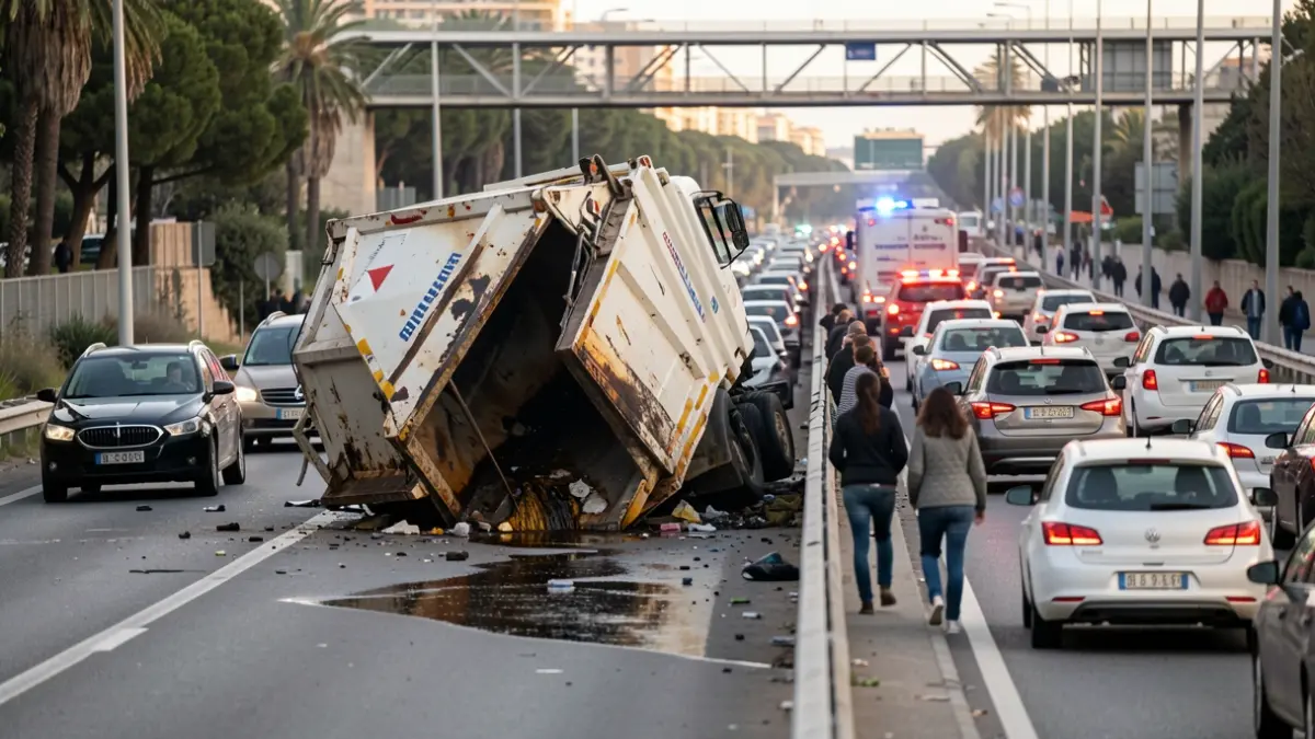 Imagen genérica de un accidente de tráfico con un camión volcado y retenciones.
