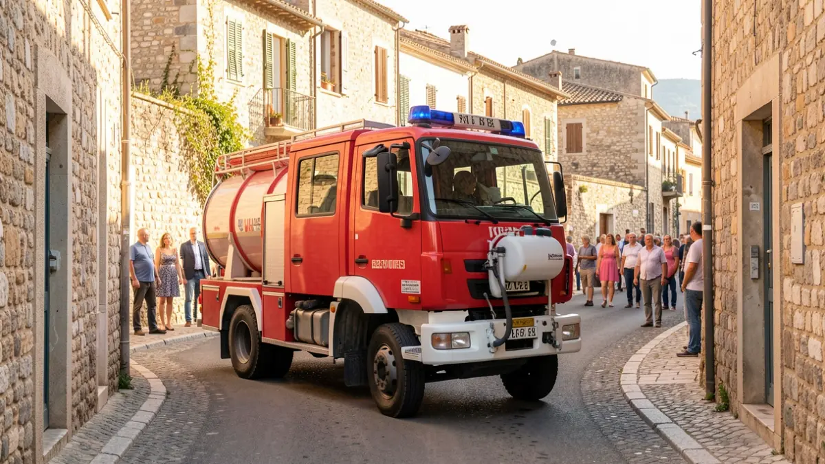 A light fire engine of the Barcelona Fire Department in a narrow street.