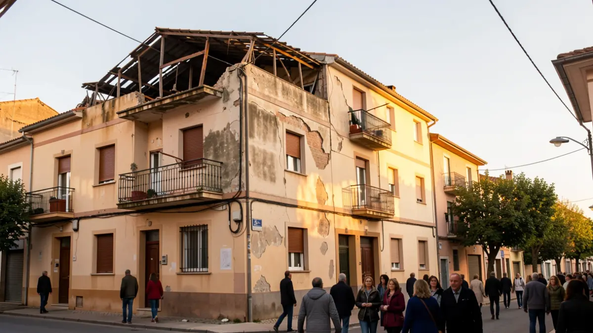 Edifici abandonat al carrer del Carme de Berga amb la teulada ensorrada.