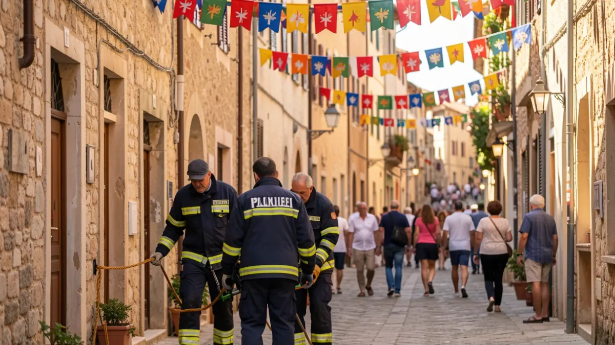 Firefighters checking access to decorated streets for the Gràcia Festival.