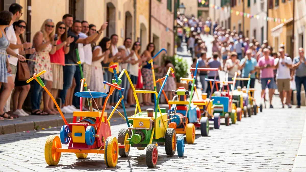 Generic image of homemade contraptions lined up for a race on a street in a Mediterranean town.