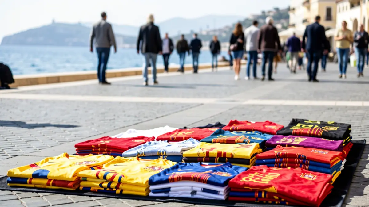 Venedor ambulant al passeig marítim de Calafell amb samarretes de la selecció espanyola.