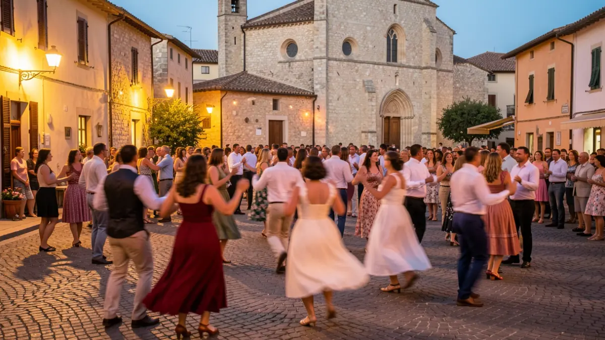 Bailada de swing en la plaza de la Iglesia de Calella durante una noche de verano.
