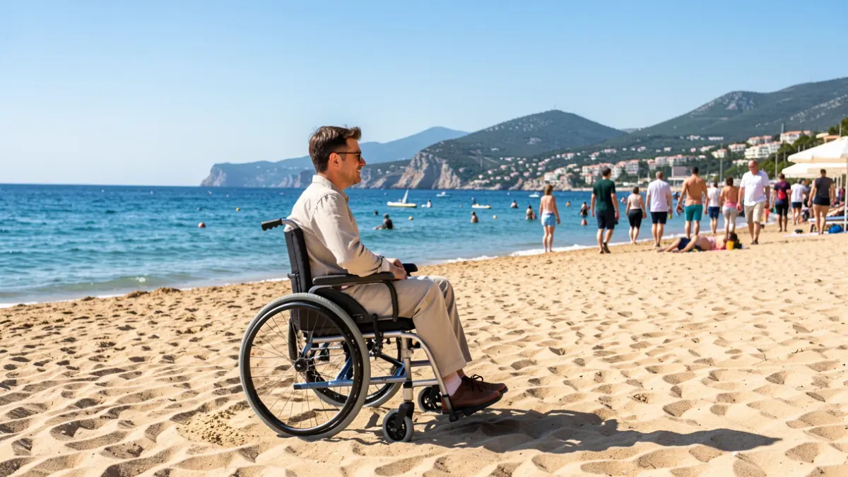 Persona utilizando una silla anfibia en la playa de Calonge i Sant Antoni.