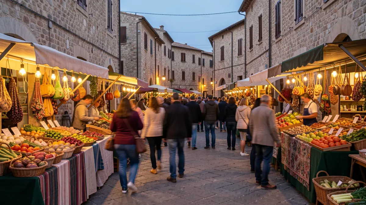 Generic image of a night market in Camarasa with local product stalls and a festive atmosphere.