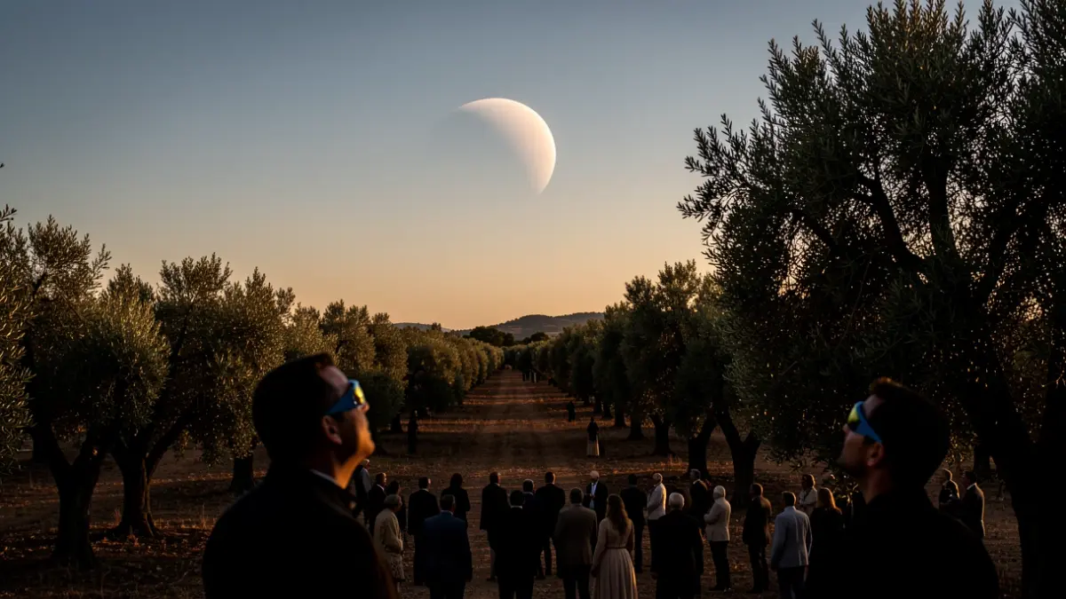 Imatge genèrica d'un eclipsi solar vist des d'un camp d'olivers.